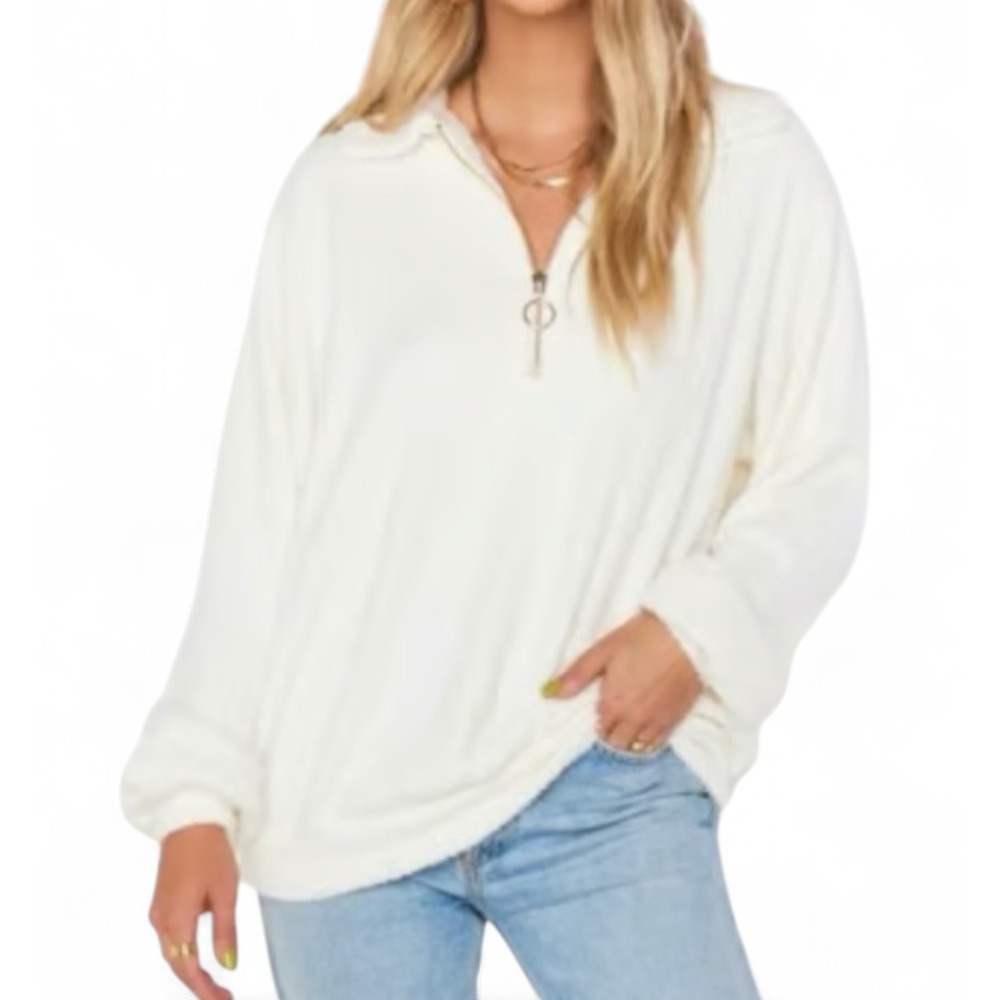SHOW ME YOUR MUMU Off-White Sherpa Fleece SADIE PULLOVER SWEATER Gold Zipper S